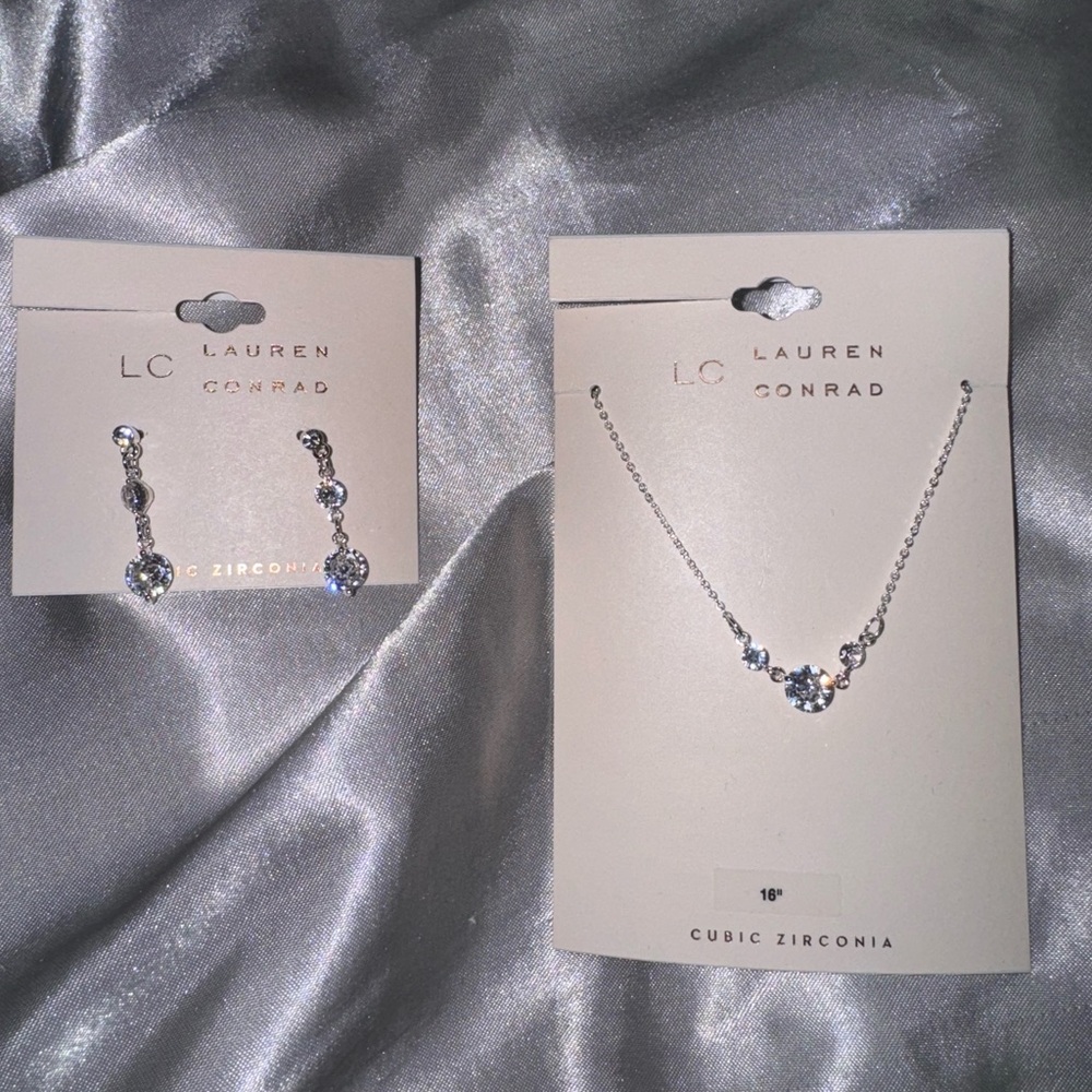 LC Lauren Conrad Silver Cubic Zirconia Earrings and Necklace